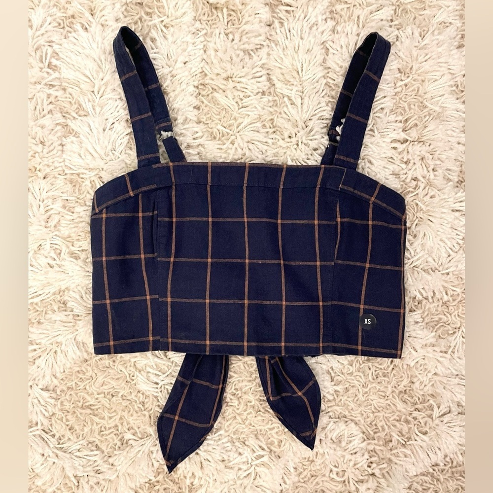 NWT Abercrombie & Fitch Women’s Plaid Crop Top Navy Blue Ribbon Bow Back